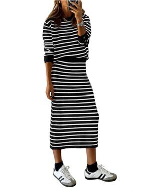 2 Piece Striped Knit Sweater Skirt Set Long Sleeve Matching Lounge Set